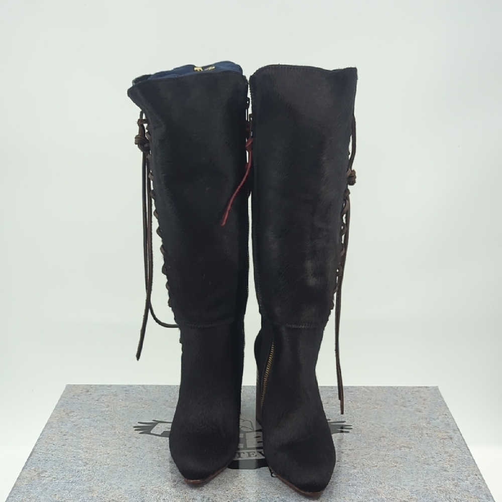 FREEBIRD *NIB* Joaquin Boots in Black Calf Hair Lacing Detail Flared Heel Sz 7 - Picture 7 of 11